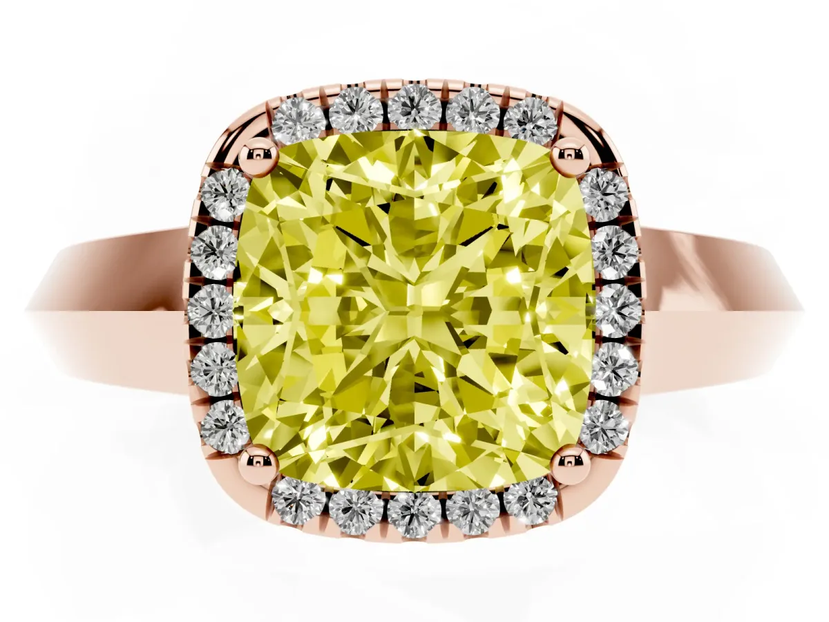 Fancy Yellow Cushion Cut Halo Diamond Ring with Cathedral Band and Four-Prong Setting Rose gold