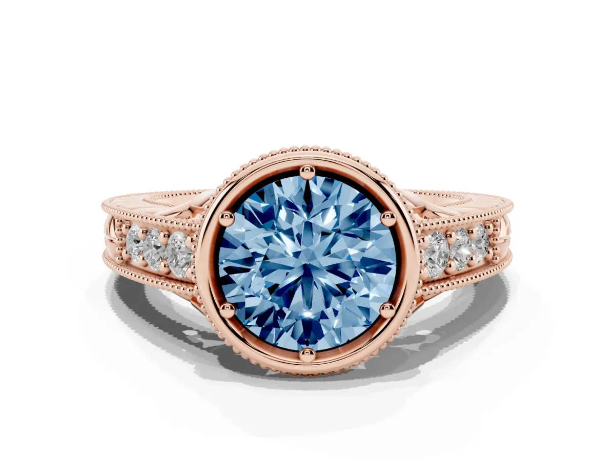 Fancy Blue Bezel Set Round Cut Diamond Milgrain Pave Engagement Ring Rose gold