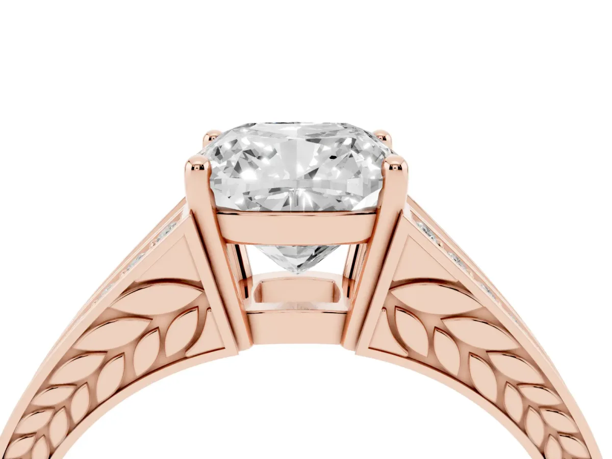 Cushion Cut Diamond Split Shank Ring with Pavé Band and Four-Prong Setting Rose gold
