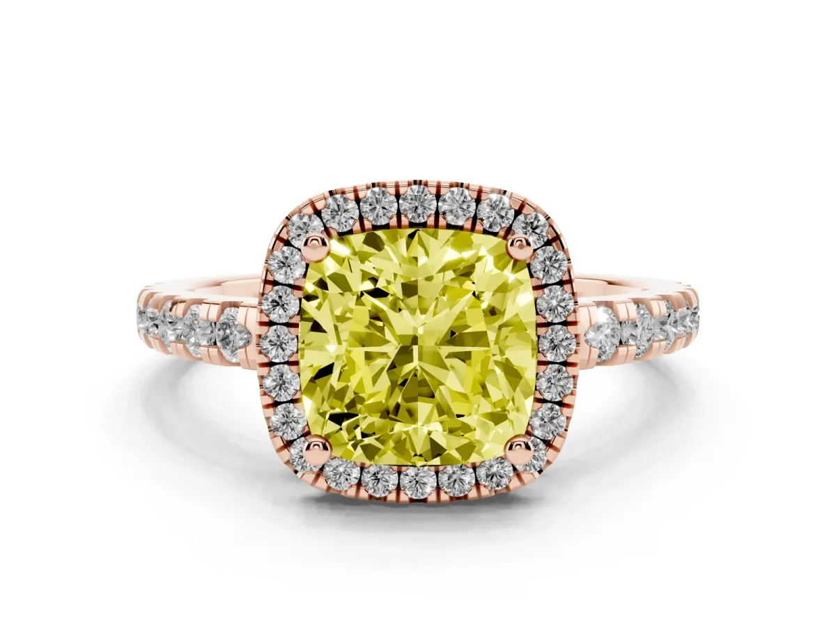 Fancy Yellow Cushion Cut Diamond Halo Ring with Pavé Band and Four-Prong Setting Rose gold