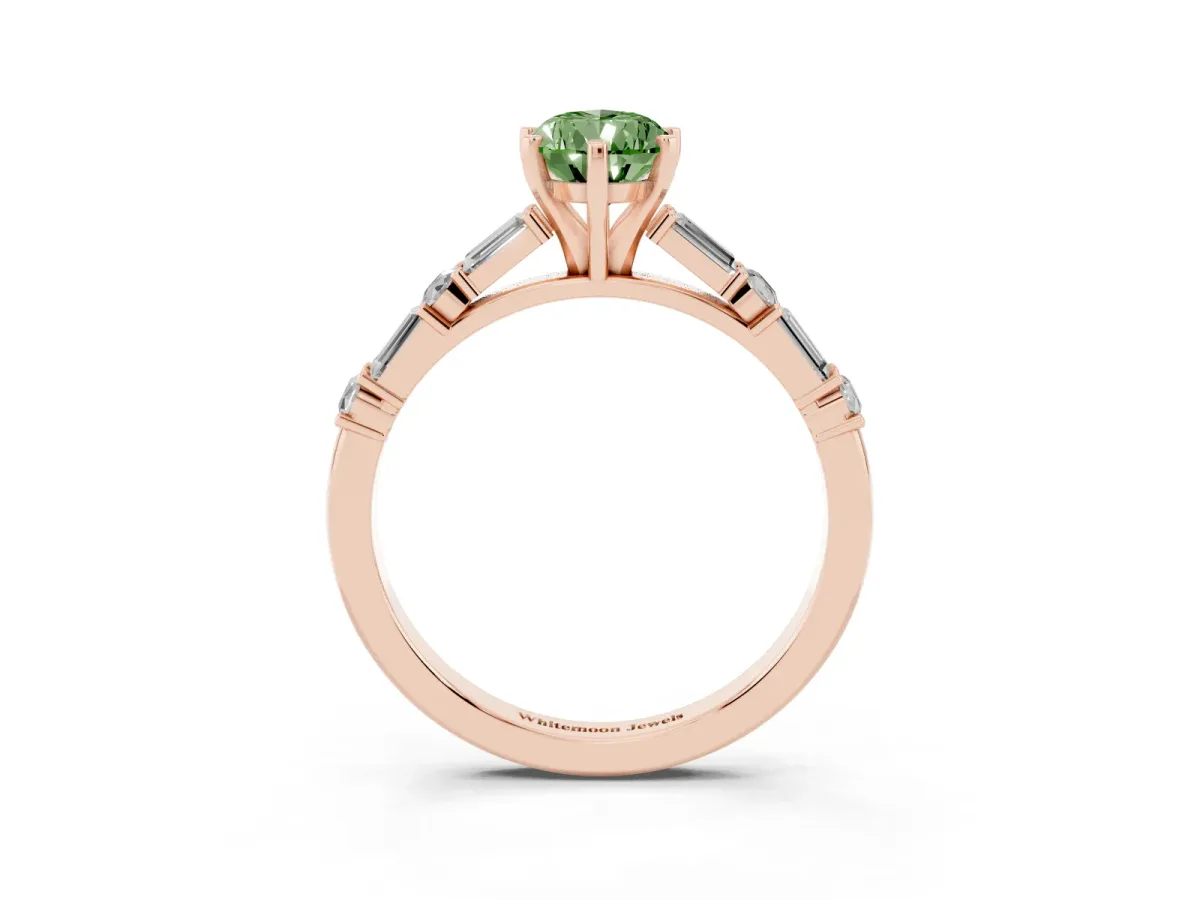 Fancy Green Pear Cut Diamond Solitaire with Side Baguettes and Channel Set Band Rose gold