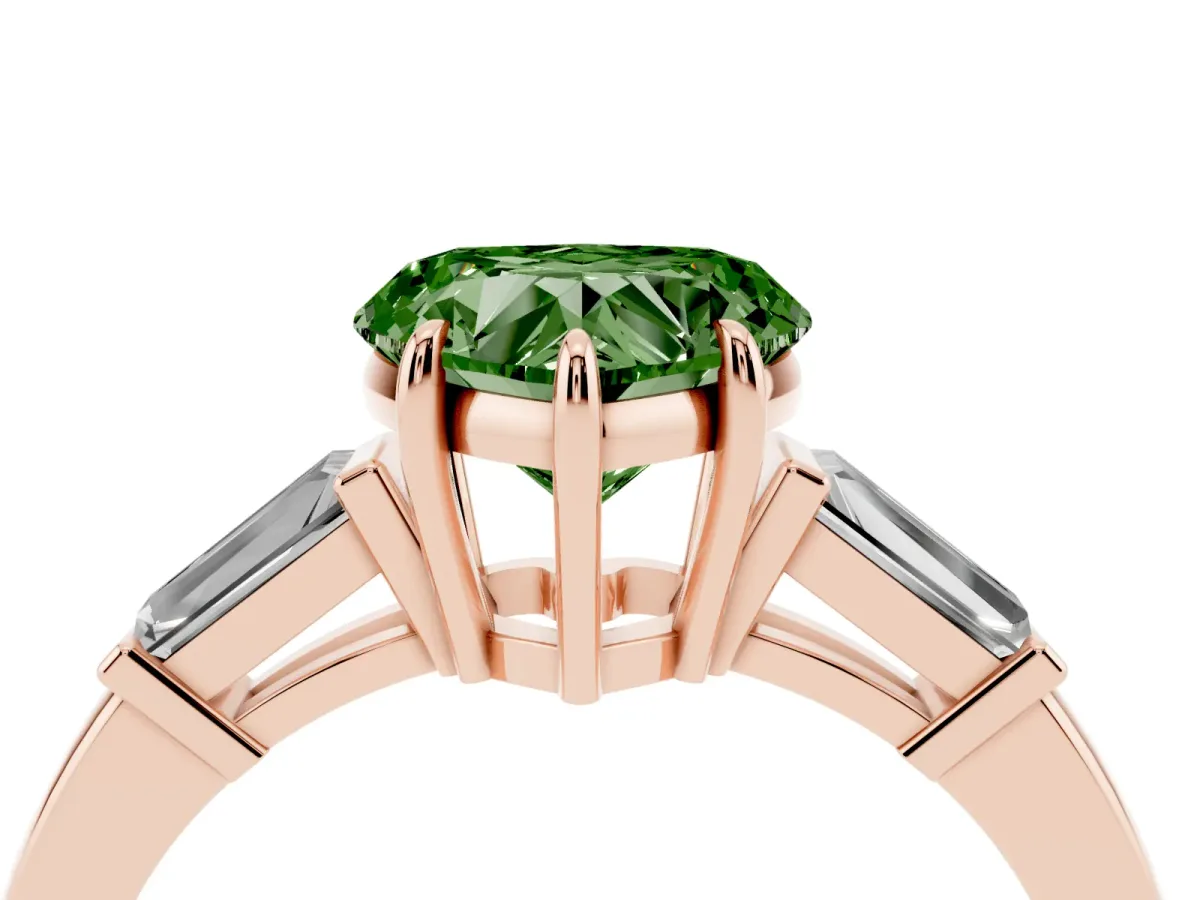 Fancy Green Heart Cut Diamond Three-Stone Ring with Tapered Baguette Side Stones and Prong Setting Rose gold
