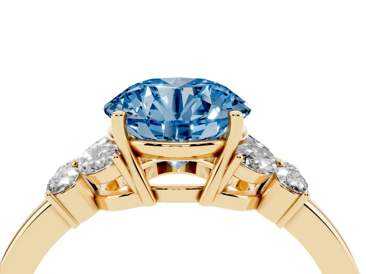 Fancy Blue Round Cut Cut Solitaire Floral Diamond Ring with Four-Prong Setting Yellow gold