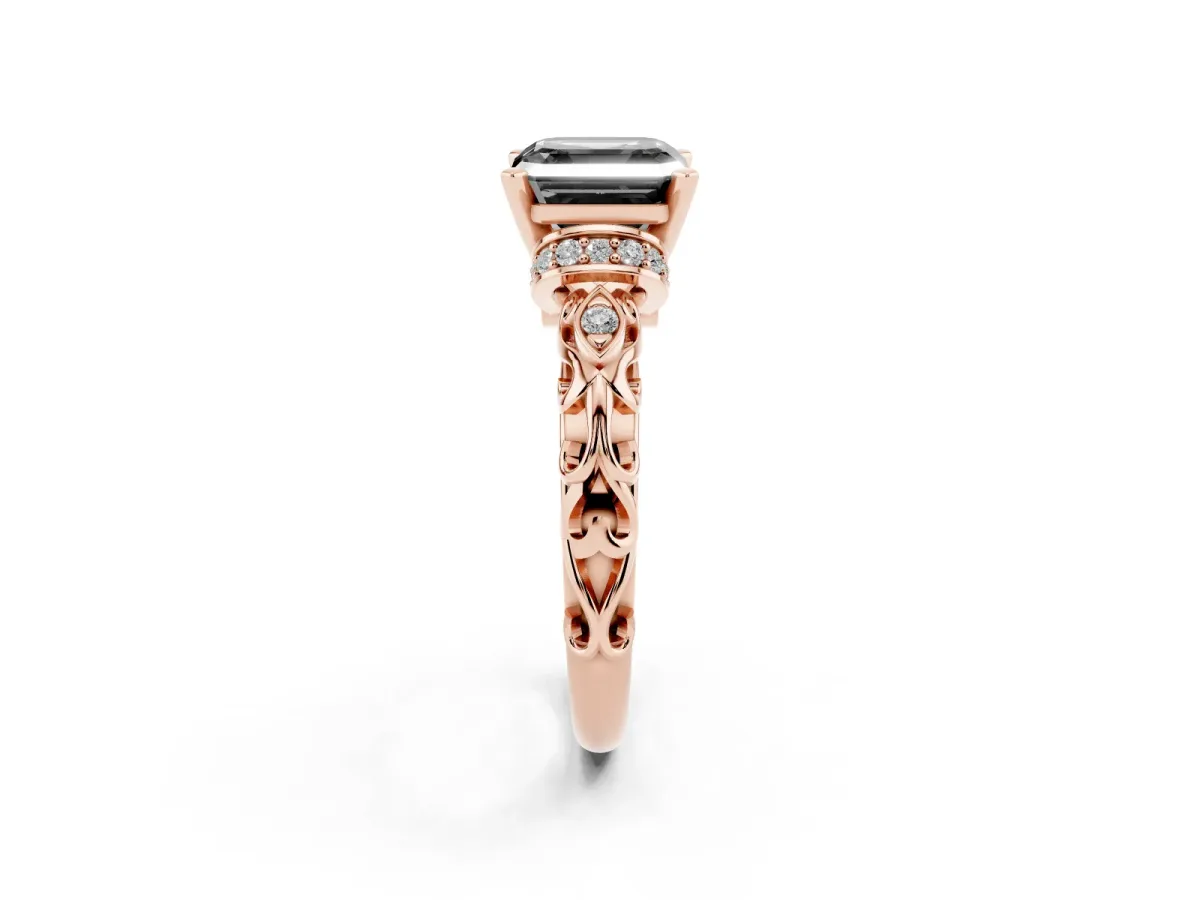 Fancy Black Asscher Cut Diamond Solitaire Ring with Filigree Band and Four-Prong Setting Rose gold