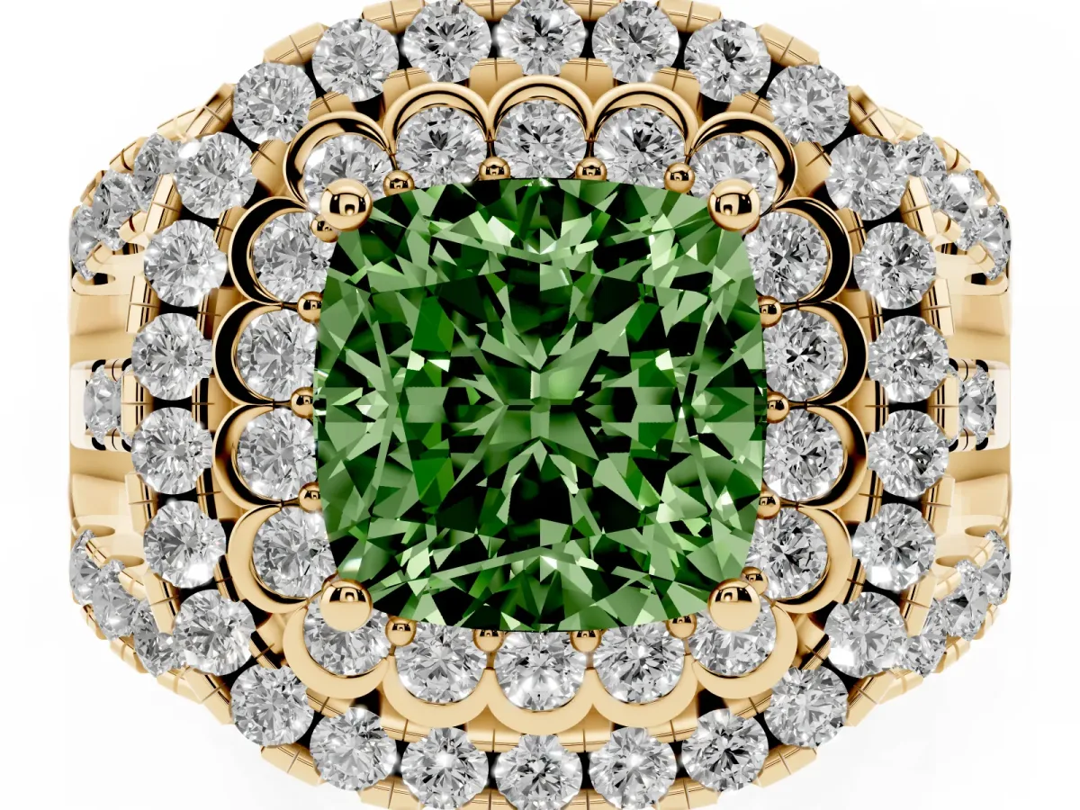 Fancy Green Cushion Cut Diamond Double Halo Ring with Round Pavé Split Shank and Prong Setting Yellow gold