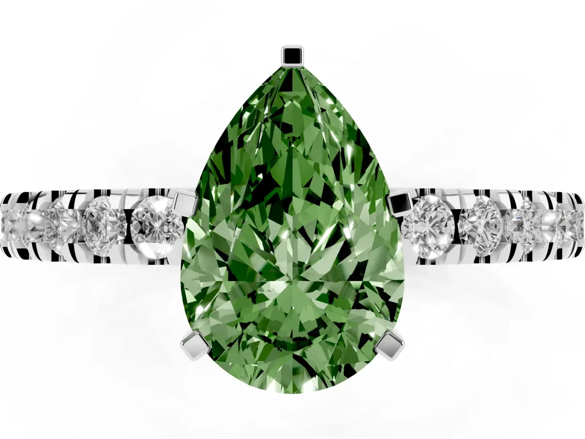 Fancy Green Pear Cut Solitaire Diamond with Pavé Band and Four-Prong Setting White gold