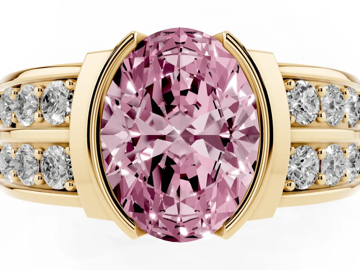Fancy Pink Oval Cut Brilliant Diamond Channel Set Wide Band Ring with Bezel Setting Yellow gold