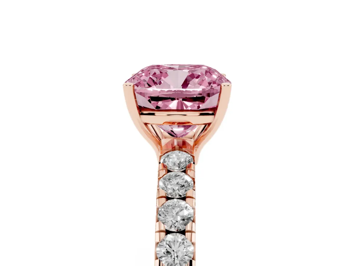 Fancy Pink Cushion Cut Diamond Pavé Solitaire Engagement Ring with Four-Prong Setting Rose gold