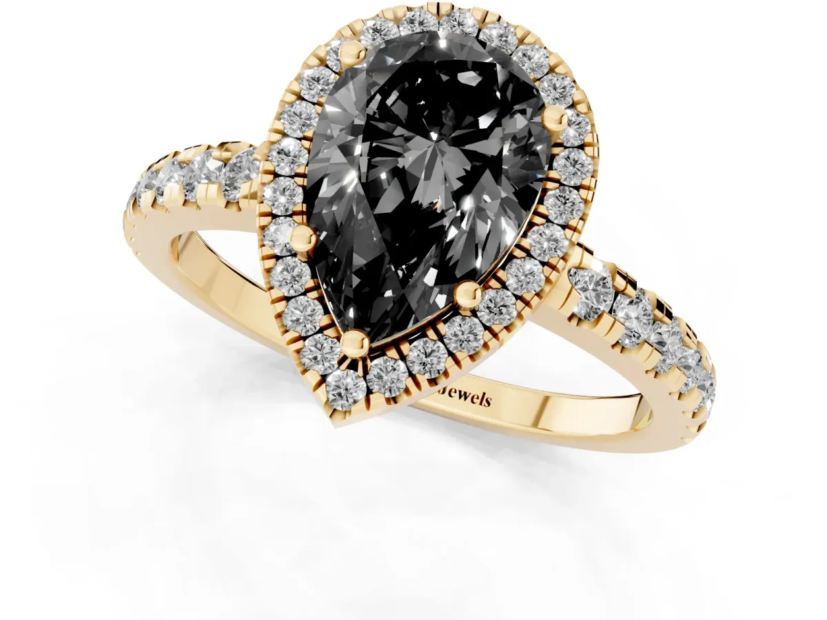 Fancy Black Pear Cut Diamond Halo Ring with Pavé Band and Four-Prong Setting Yellow gold
