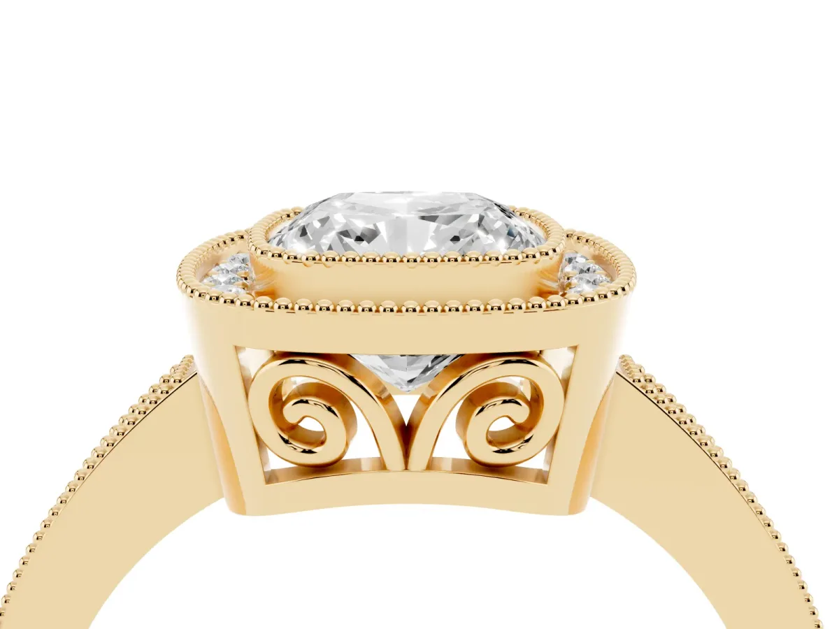 Cushion Cut Cut Halo Diamond Ring with Pavé Band and Milgrain Prong Setting Yellow gold