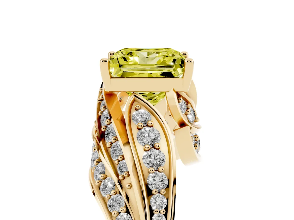 Fancy Yellow Princess Cut Diamond Solitaire Ring with Prong Setting and Twisted Pavé Band Yellow gold