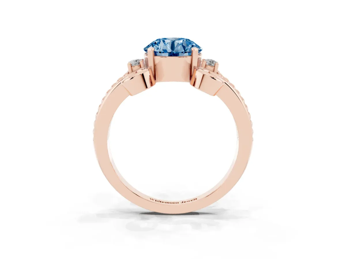 Fancy Blue Round Cut Solitaire Twisted Band Scroll Prong Ring Rose gold