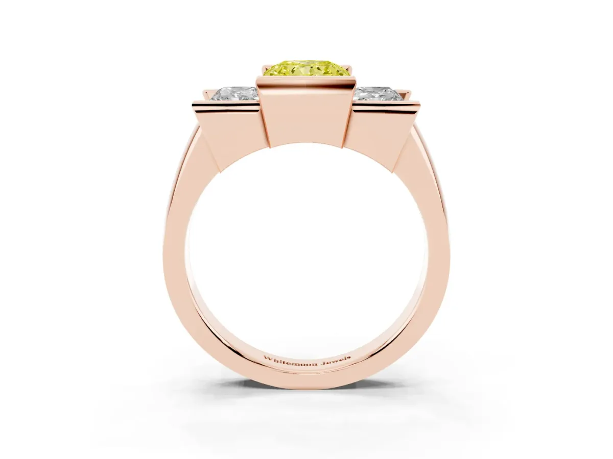Fancy Yellow Three Stone Radiant Cut Cut Channel Set Diamond Ring Rose gold