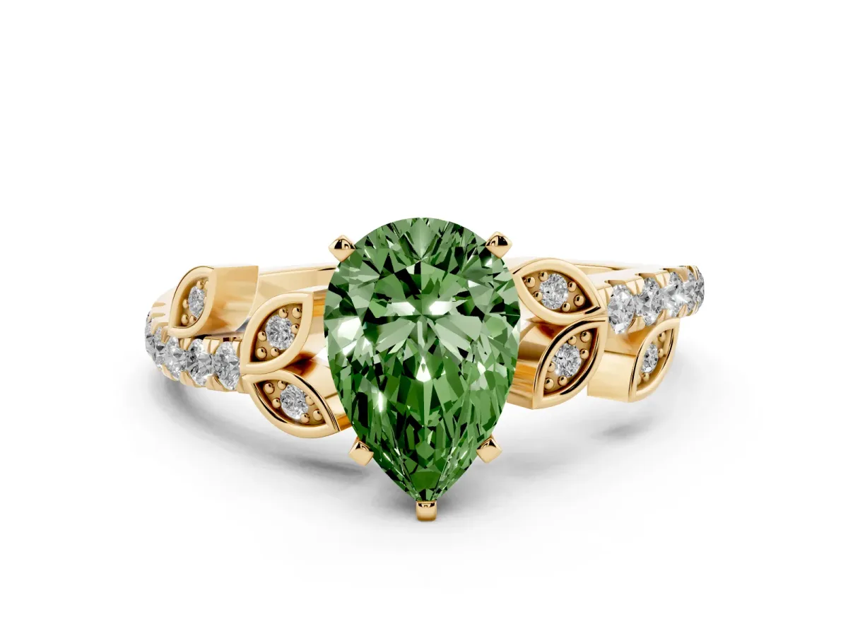 Fancy Green Pear Cut Solitaire Leaf-Inspired Diamond Ring with Pavé Band and Four-Prong Setting Yellow gold