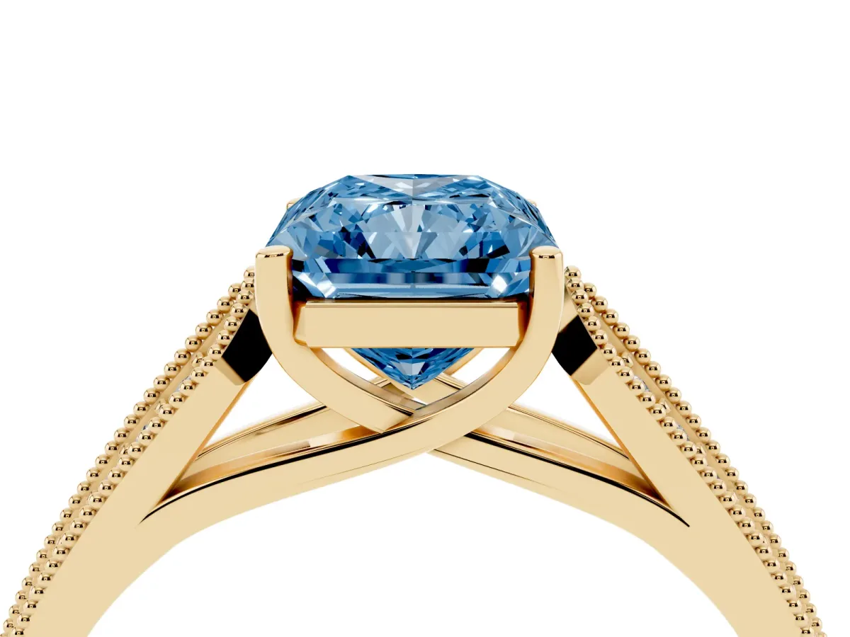 Fancy Blue Radiant Cut Cut Pave Split Shank Engagement Ring with Four-Prong Setting Yellow gold