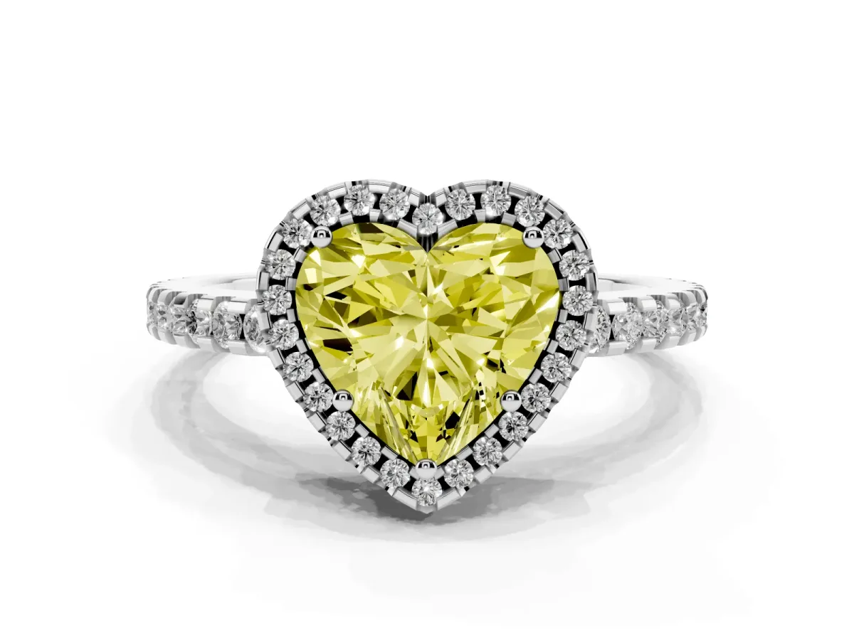 Fancy Yellow Heart Cut Diamond Halo Engagement Ring with Pavé Band and Prong Setting White gold