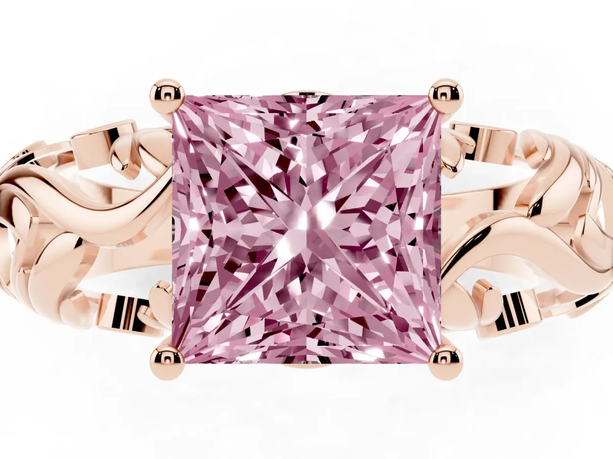 Fancy Pink Princess Cut Solitaire Diamond Leaf-Inspired Vine Band Ring with Prong Setting Rose gold