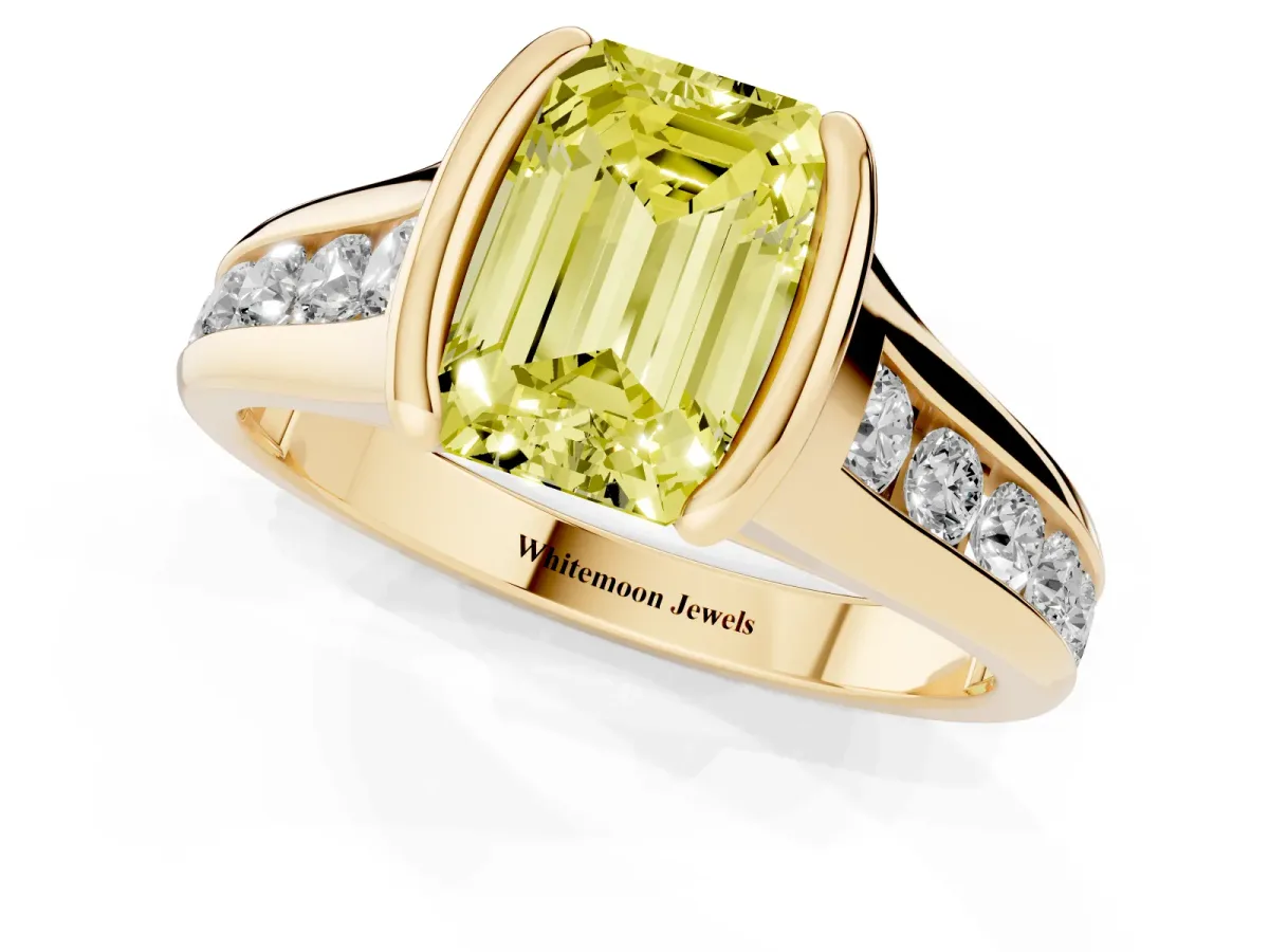 Fancy Yellow Emerald Cut Solitaire Bezel-Set Diamond Ring with Channel-Set Band Yellow gold