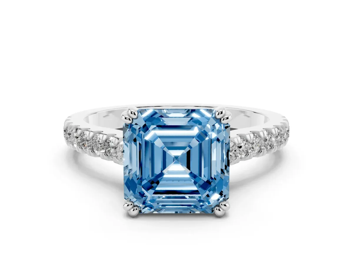 Fancy Blue Asscher Cut Solitaire Pave Diamond Engagement Ring with Prong Setting Silver