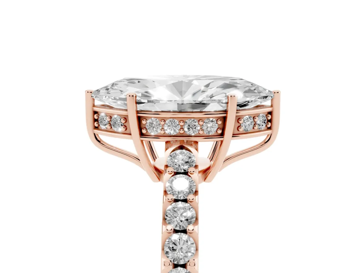 Marquise Cut Solitaire Diamond Engagement Ring with Pavé Band and Six-Prong Setting Rose gold