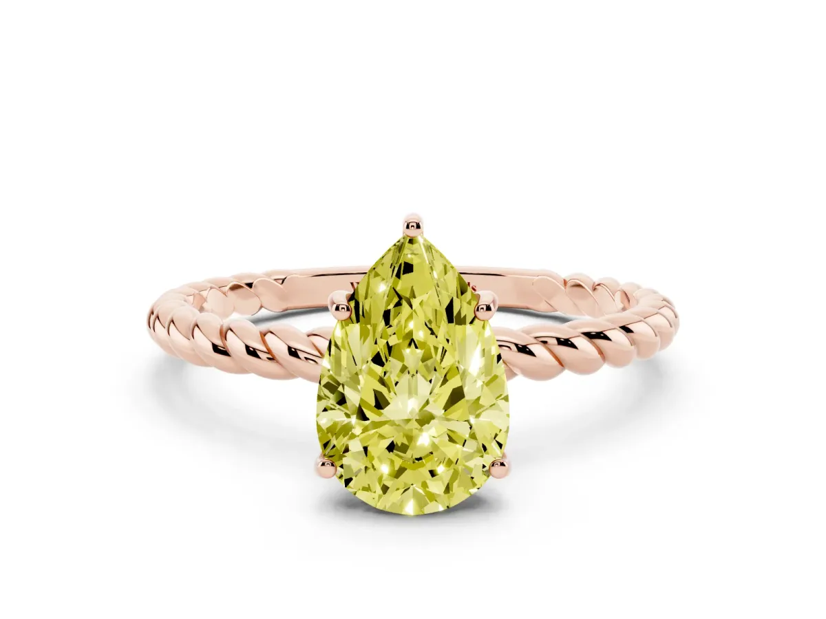 Fancy Yellow Pear Cut Solitaire Twist Band Ring with Four-Prong Setting Rose gold