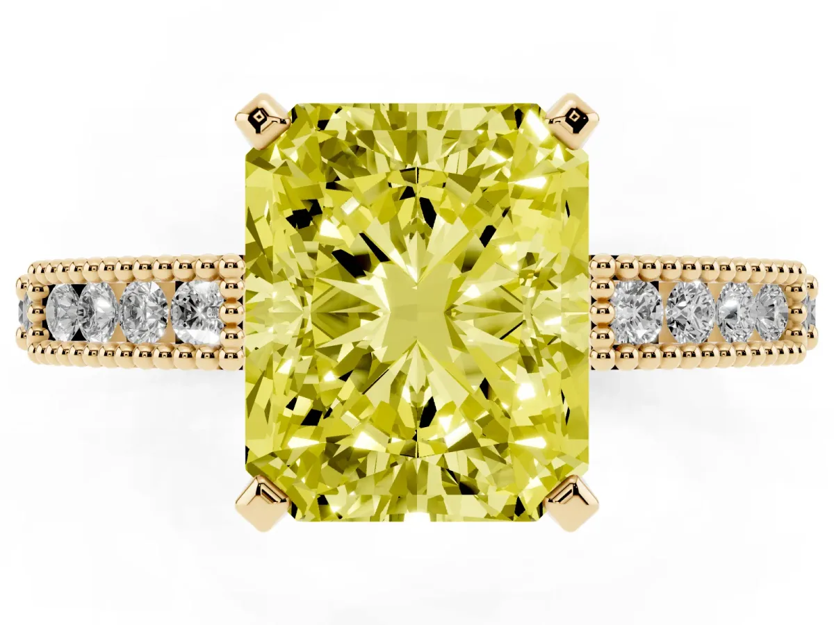 Fancy Yellow Radiant Cut Solitaire with Pavé Band and Four-Prong Setting Yellow gold
