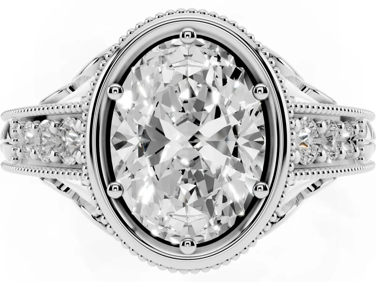Bezel Set Oval Cut Diamond Milgrain Pave Engagement Ring Silver