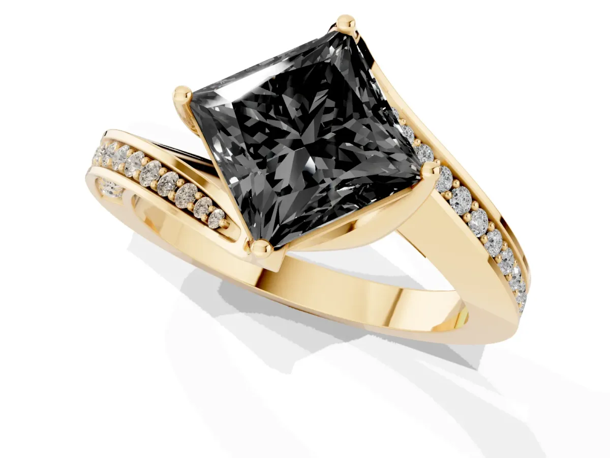Fancy Black Princess Cut Solitaire Diamond Twist Band with Pavé Setting and Four-Prong Setting Yellow gold