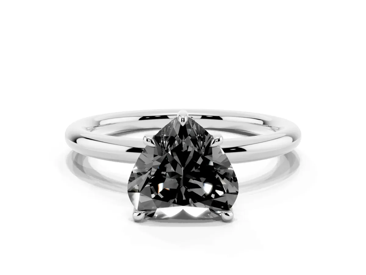Fancy Black Heart Cut Diamond Solitaire Ring with Thin Band and Four-Prong Setting Platinum