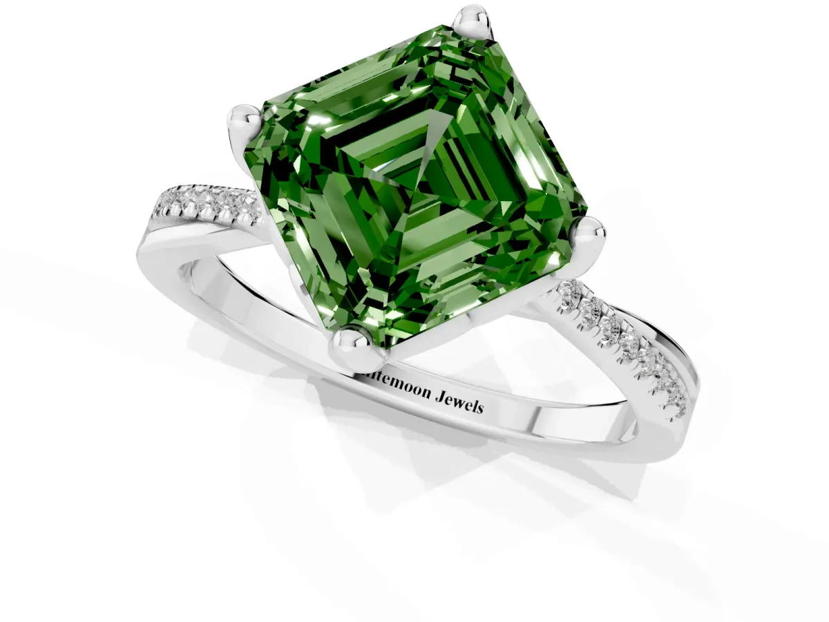 Fancy Green Asscher Cut Solitaire Twist Band with Pavé Diamonds and Four-Prong Setting White gold
