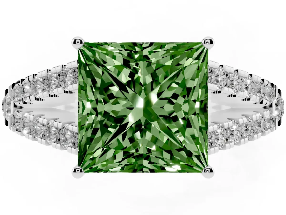 Fancy Green Princess Cut Diamond Split Shank Pavé Engagement Ring with Four-Prong Setting Platinum