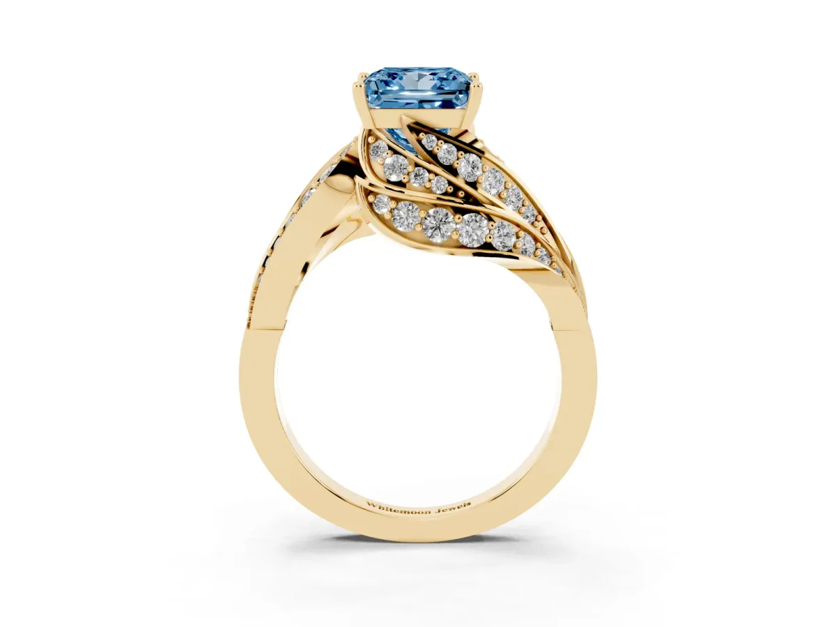 Fancy Blue Princess Cut Diamond Solitaire Ring with Prong Setting and Twisted Pavé Band Yellow gold