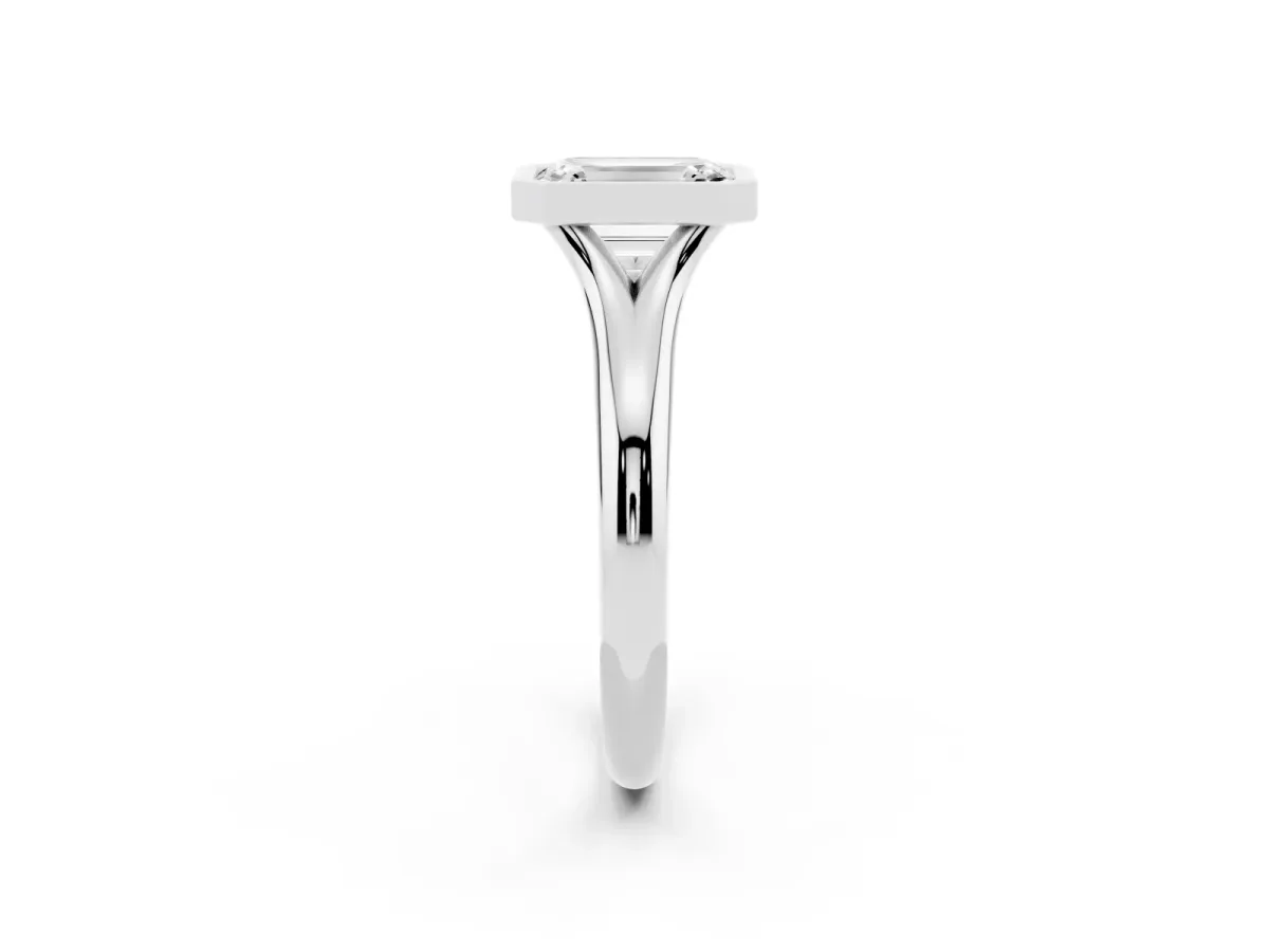 Bezel Set Emerald Cut Solitaire Diamond Ring with Smooth Band Silver