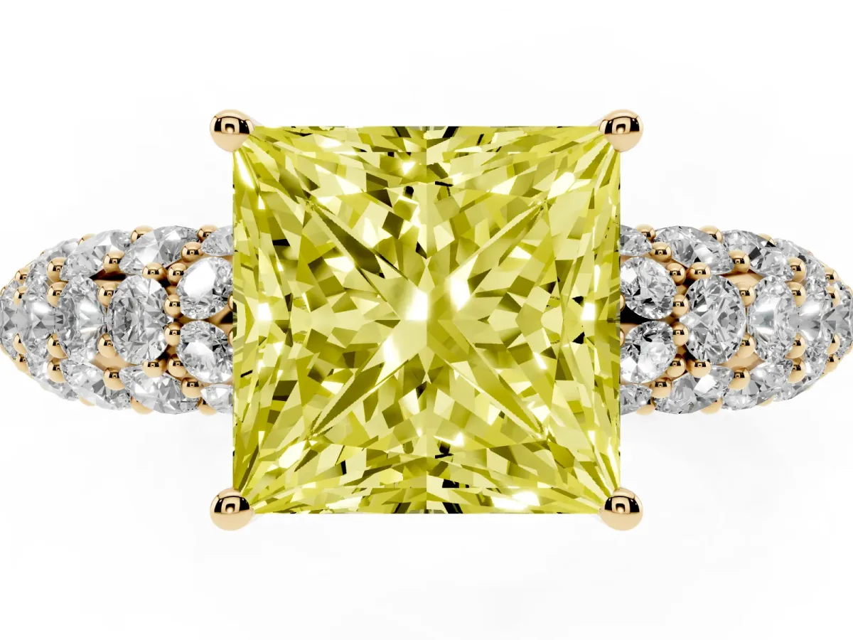 Fancy Yellow Princess Cut Diamond Pavé Band Solitaire Ring with Four-Prong Setting Yellow gold