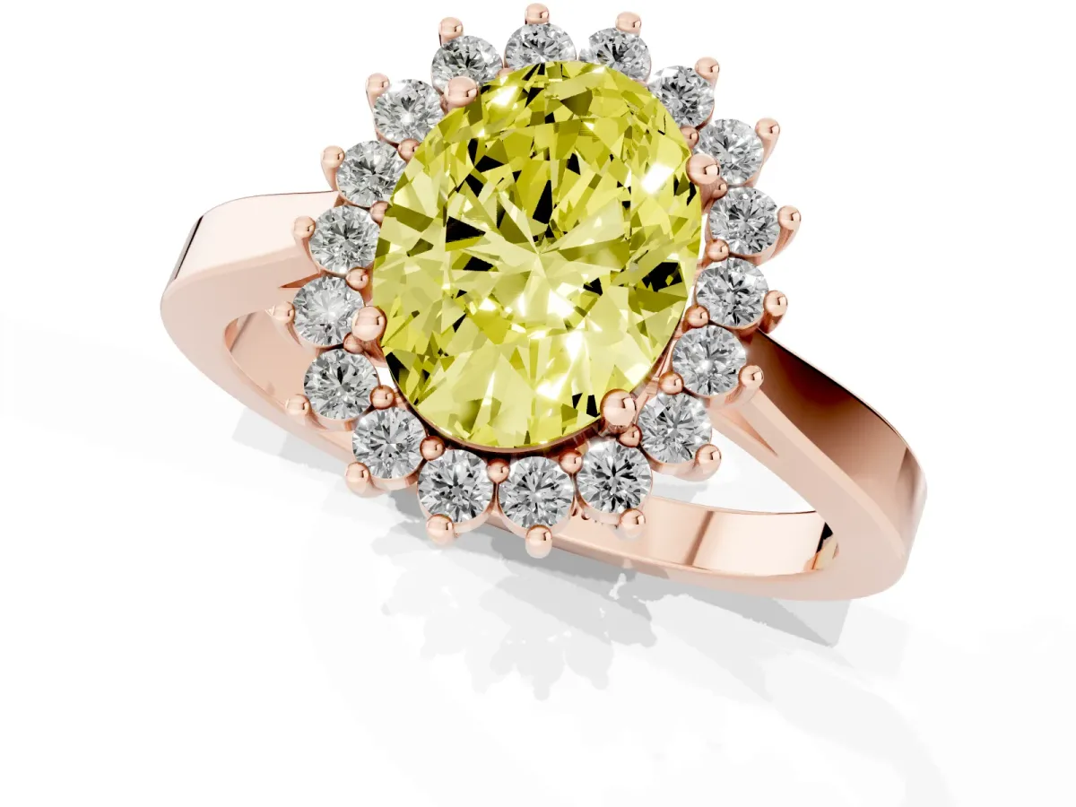 Fancy Yellow Oval Cut Cut Diamond Halo Ring with Round Brilliant Halo and Solitaire Band Rose gold