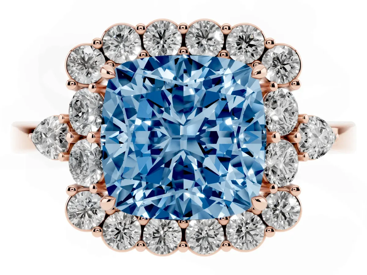 Fancy Blue Cushion Cut Diamond Halo Ring with Pear Side Stones and Prong Setting Rose gold