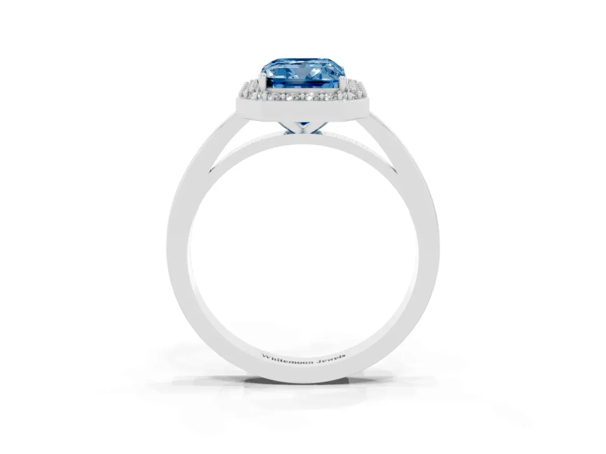 Fancy Blue Radiant Cut Halo Diamond Ring with Solitaire Band and Prong Setting Silver