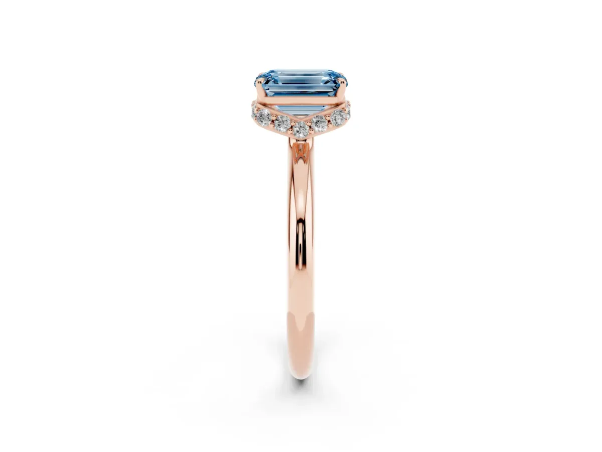 Fancy Blue Emerald Cut Brilliant Solitaire Engagement Ring with Six-Prong Setting and Classic Band Rose gold