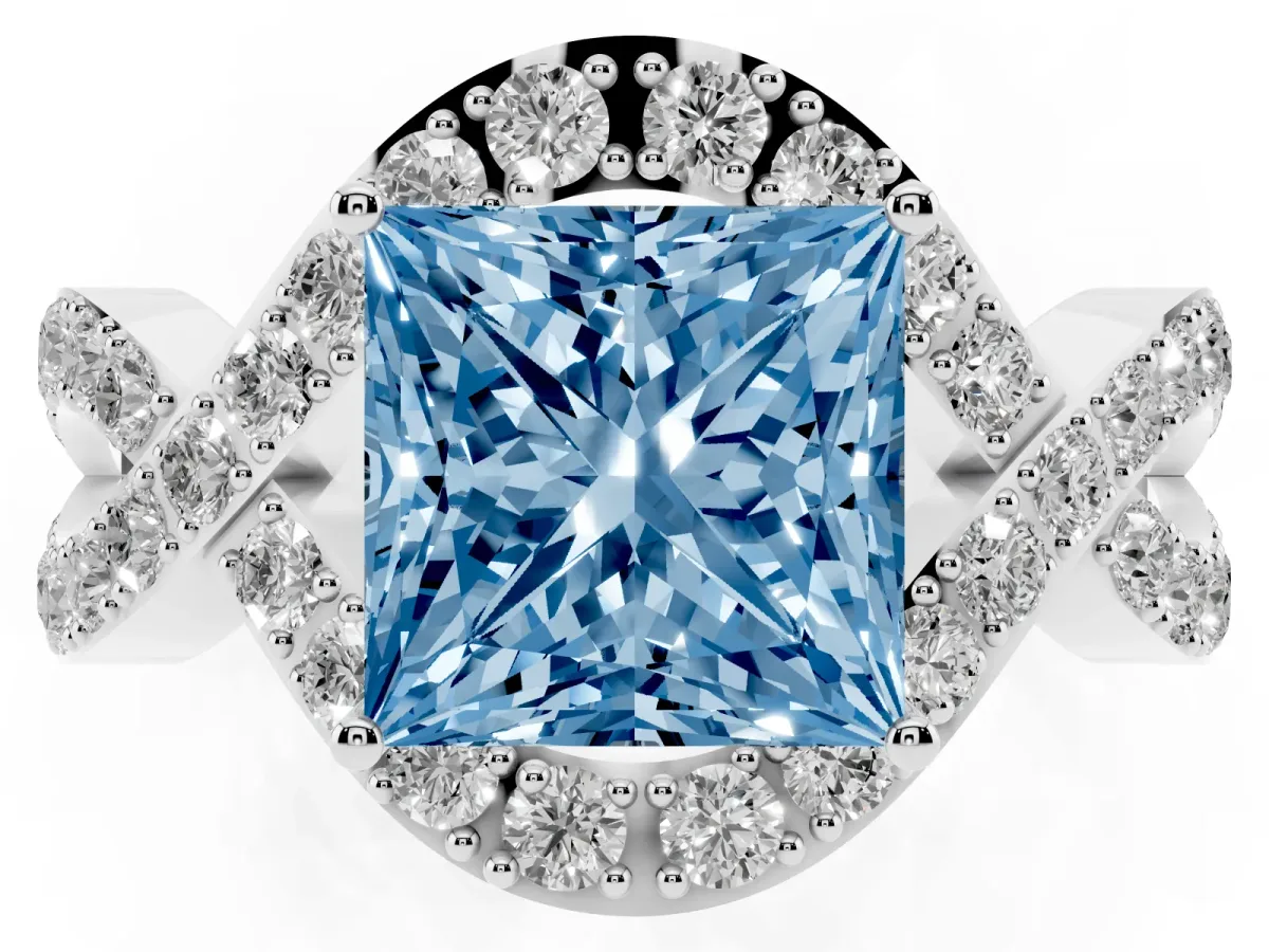 Fancy Blue Princess Cut Solitaire Twist Band Pavé Diamond Engagement Ring White gold