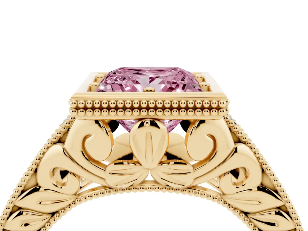 Fancy Pink Bezel Set Princess Cut Diamond Milgrain Pave Engagement Ring Yellow gold