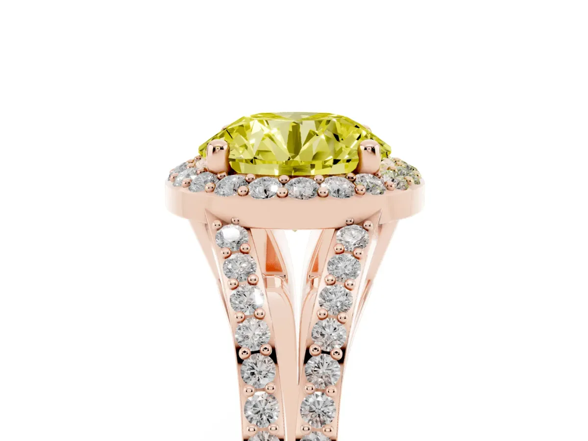 Fancy Yellow Round Cut Halo Split Shank Pave Diamond Ring with Four-Prong Setting Rose gold