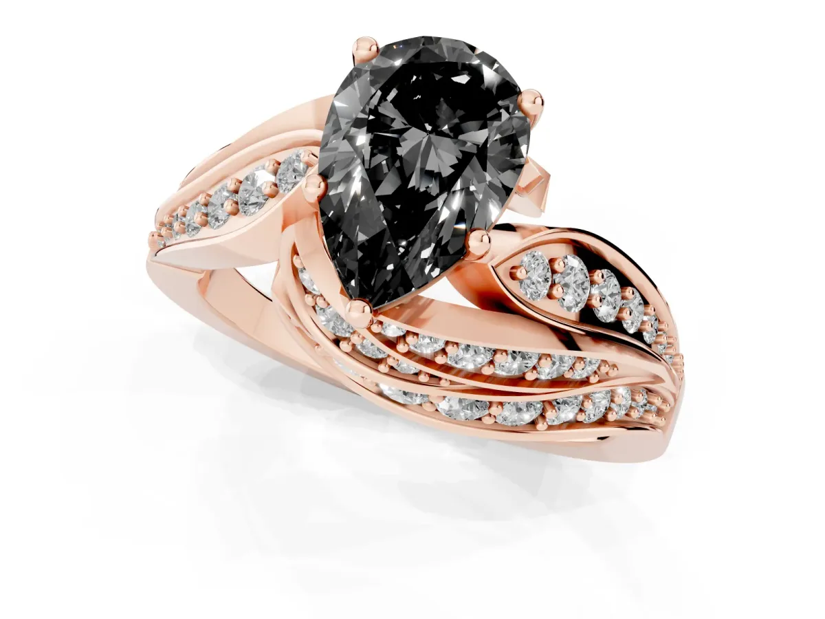 Fancy Black Pear Cut Diamond Solitaire Ring with Prong Setting and Twisted Pavé Band Rose gold