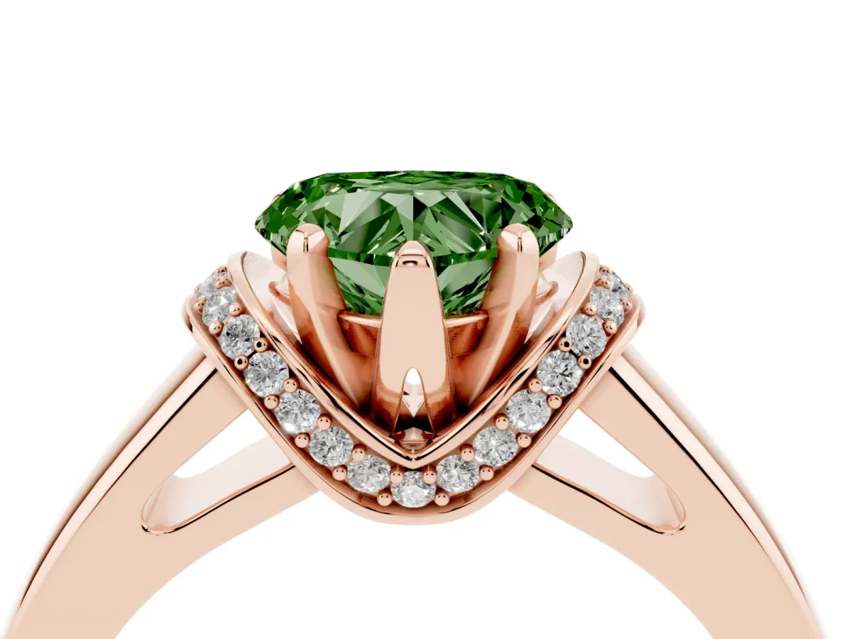 Fancy Green Heart Cut Solitaire Diamond Ring with Pave Band and Six-Prong Setting Rose gold