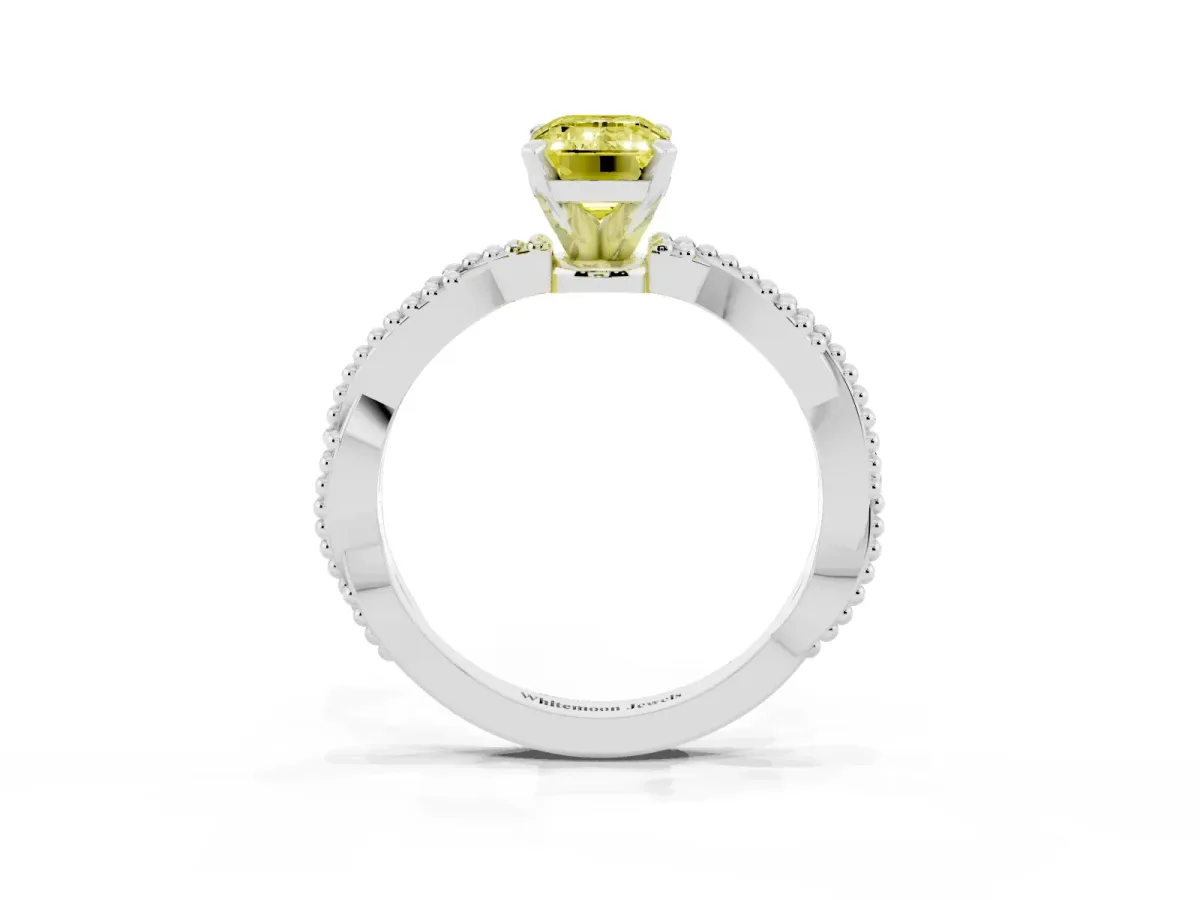 Fancy Yellow Emerald Cut Solitaire Twisted Band with Bead Prong Setting Silver