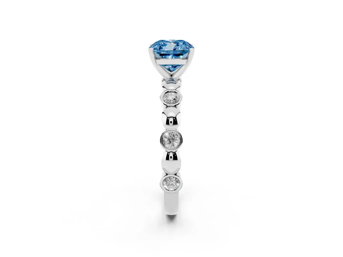 Fancy Blue Cushion Cut Solitaire Bezel-Set Diamond Ring with Beaded Band and Four-Prong Setting Silver