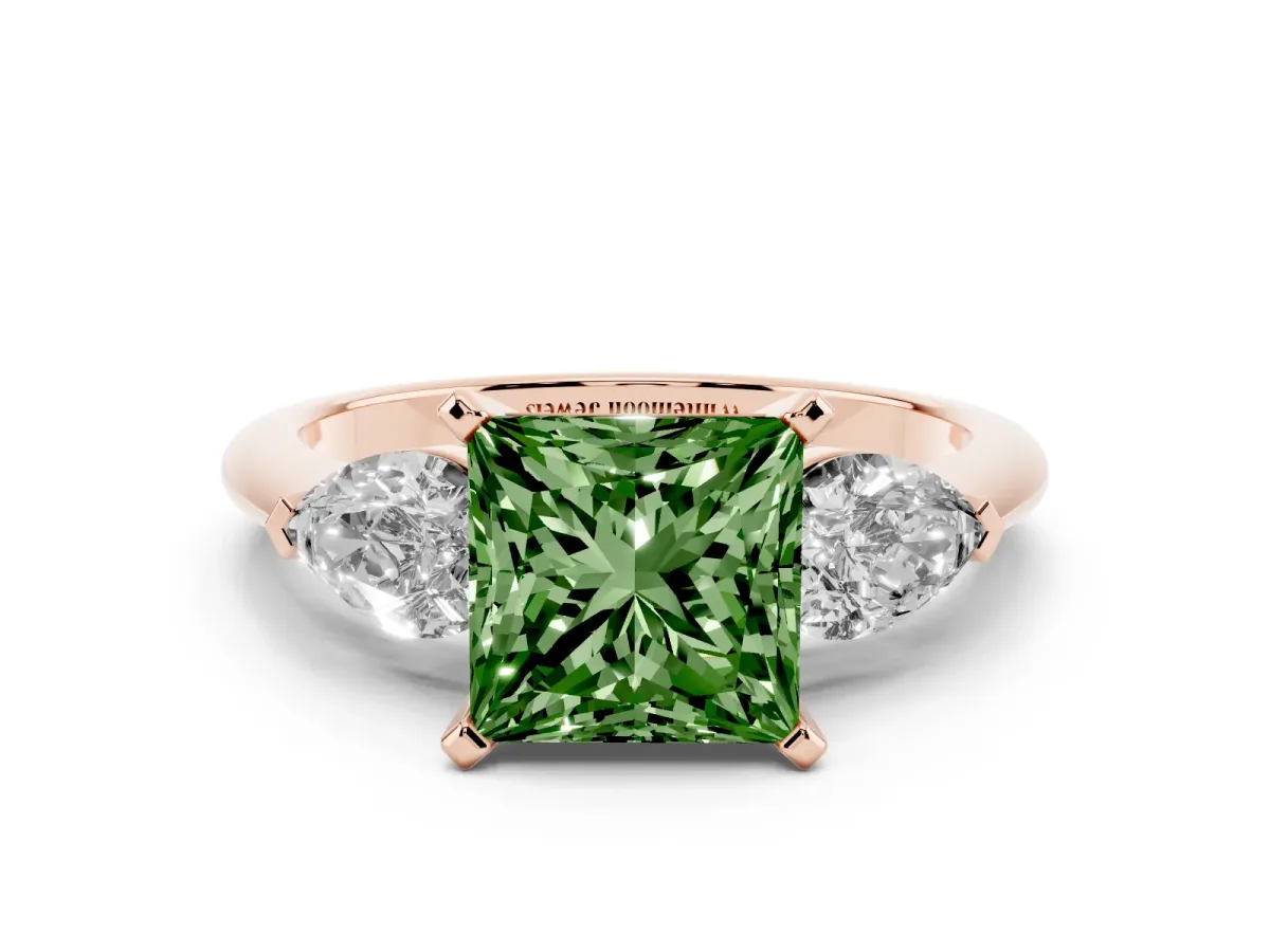 Fancy Green Three-Stone Princess Cut Diamond Ring with Pear Side Stones and Four-Prong Setting Rose gold