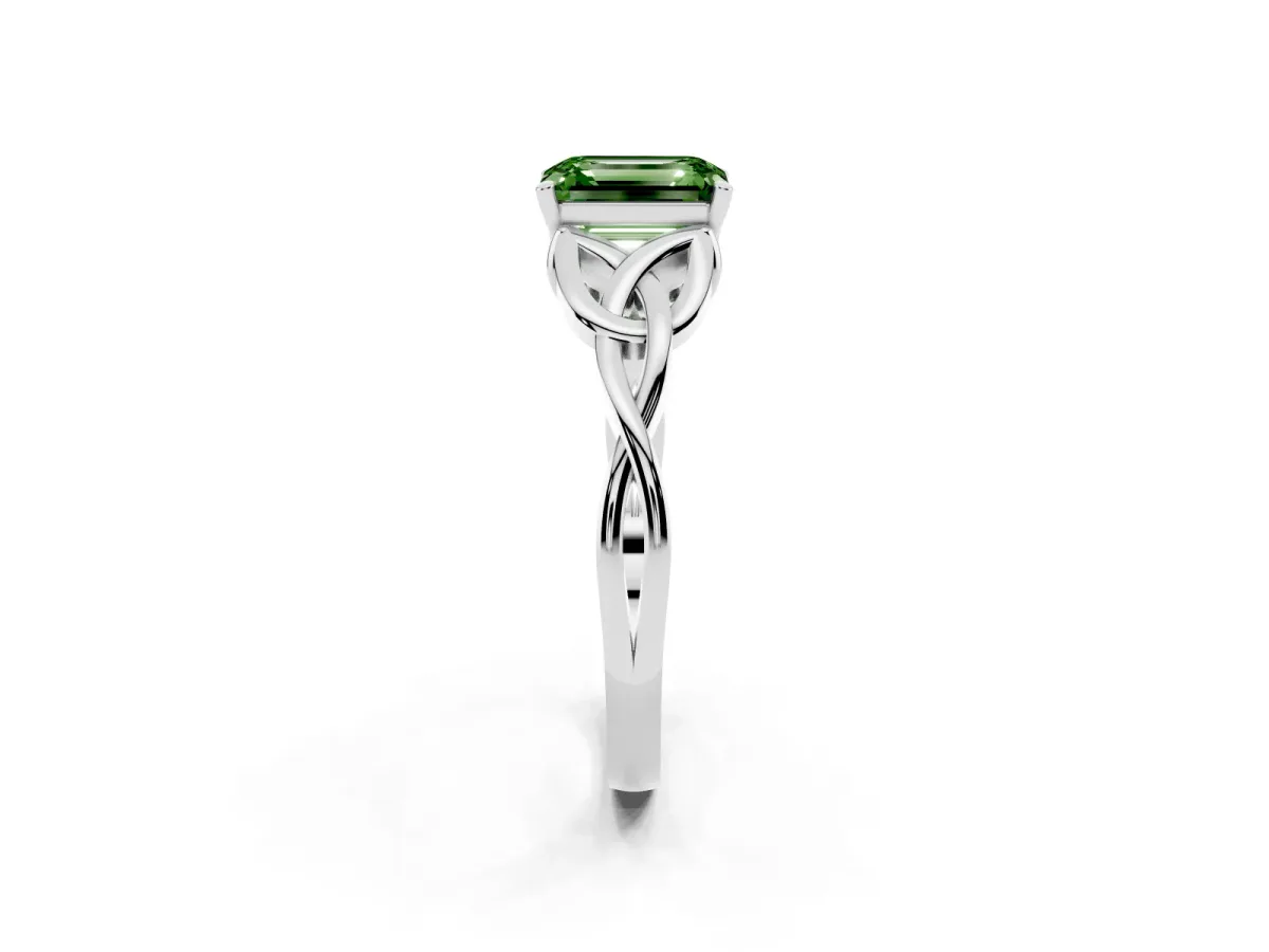 Fancy Green Emerald Cut Diamond Solitaire Engagement Ring with Celtic Knot Band and Four-Prong Setting White gold