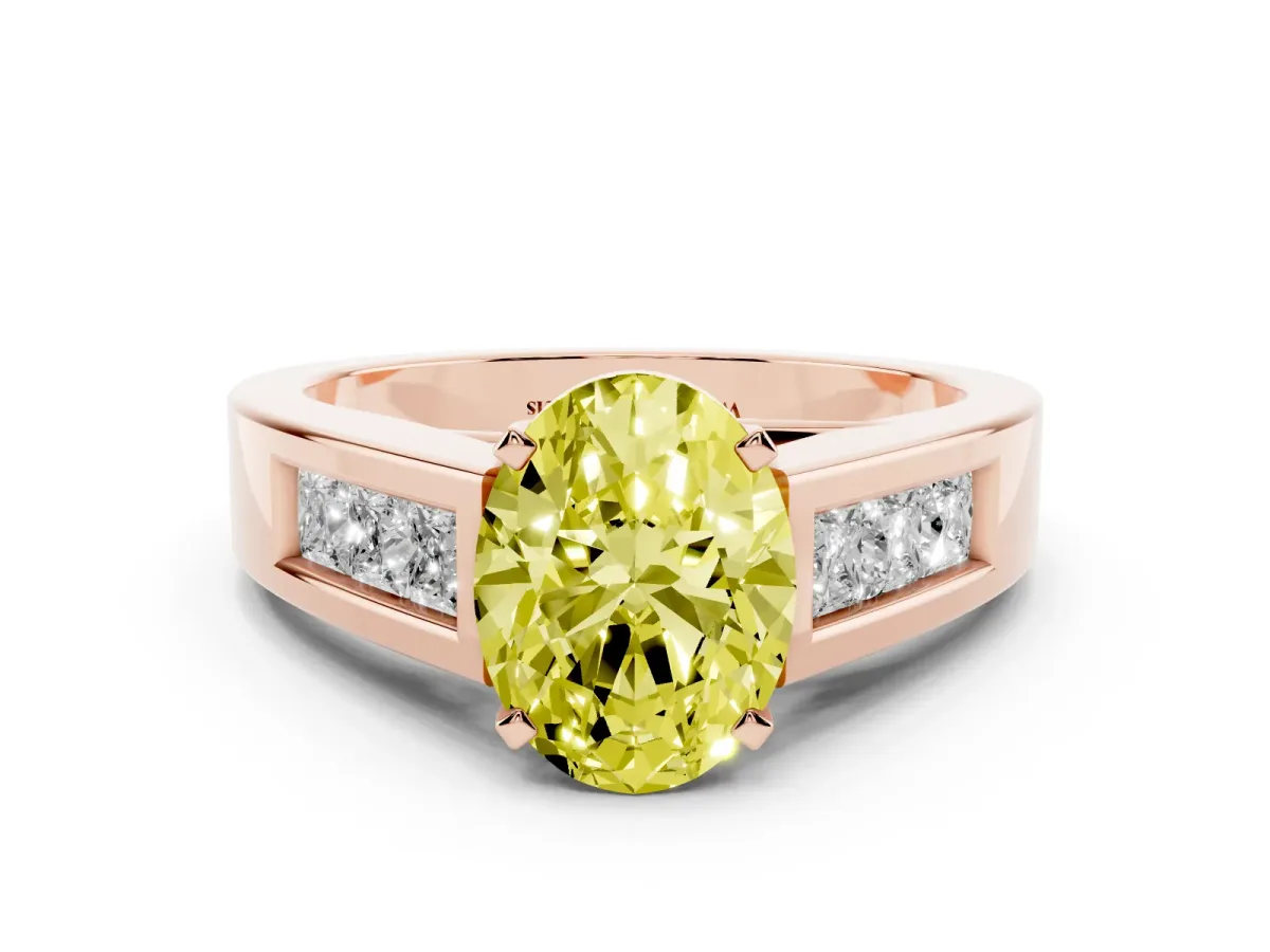 Fancy Yellow Oval Cut Cut Channel Set Solitaire Ring with Four-Prong Setting Rose gold