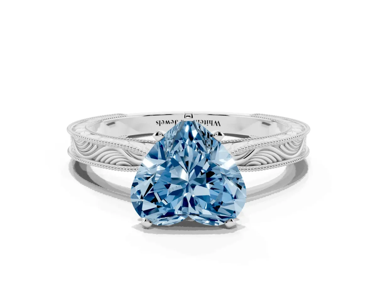 Fancy Blue Heart Cut Solitaire Milgrain Engraved Band with Four-Prong Setting Platinum