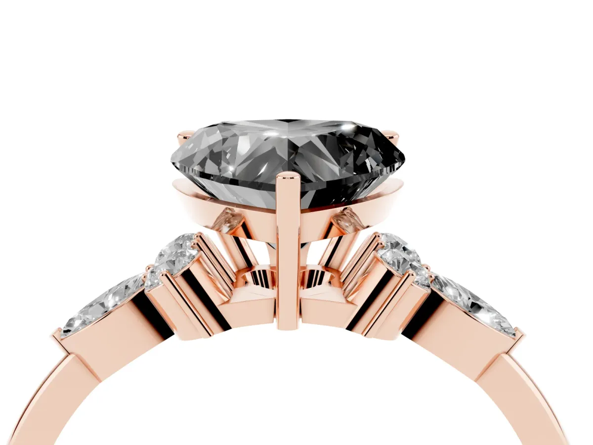 Fancy Black Heart Cut Brilliant Diamond Solitaire Ring with Pear Side Stones and Four-Prong Setting Rose gold